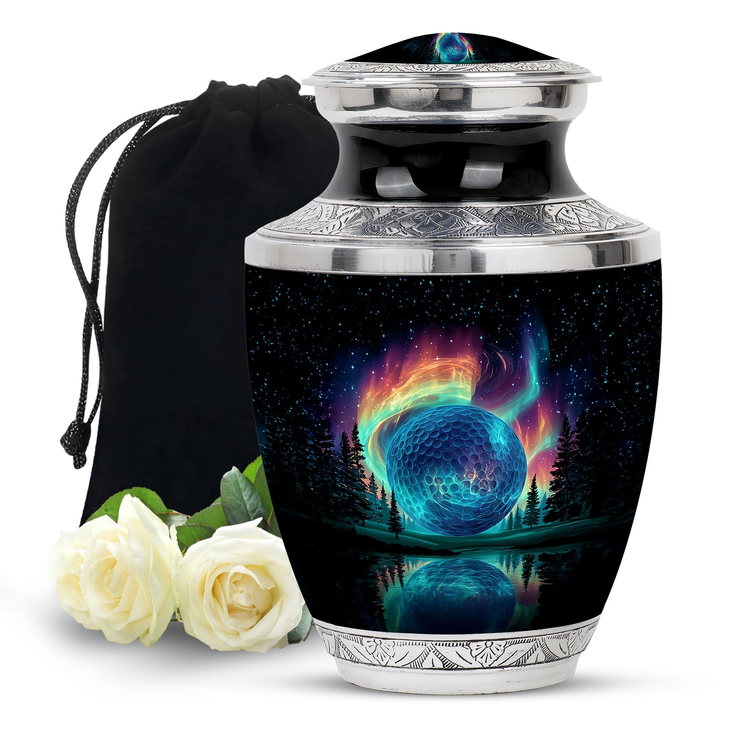 Ebony Golf Cremation Urn side profile showing urn shape - modern art-inspired golf motif on sleek aluminum - full-size 10 inch 200 cubic inch adult cremation urn