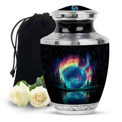 Ebony Golf Cremation Urn side profile showing urn shape - modern art-inspired golf motif on sleek aluminum - full-size 10 inch 200 cubic inch adult cremation urn