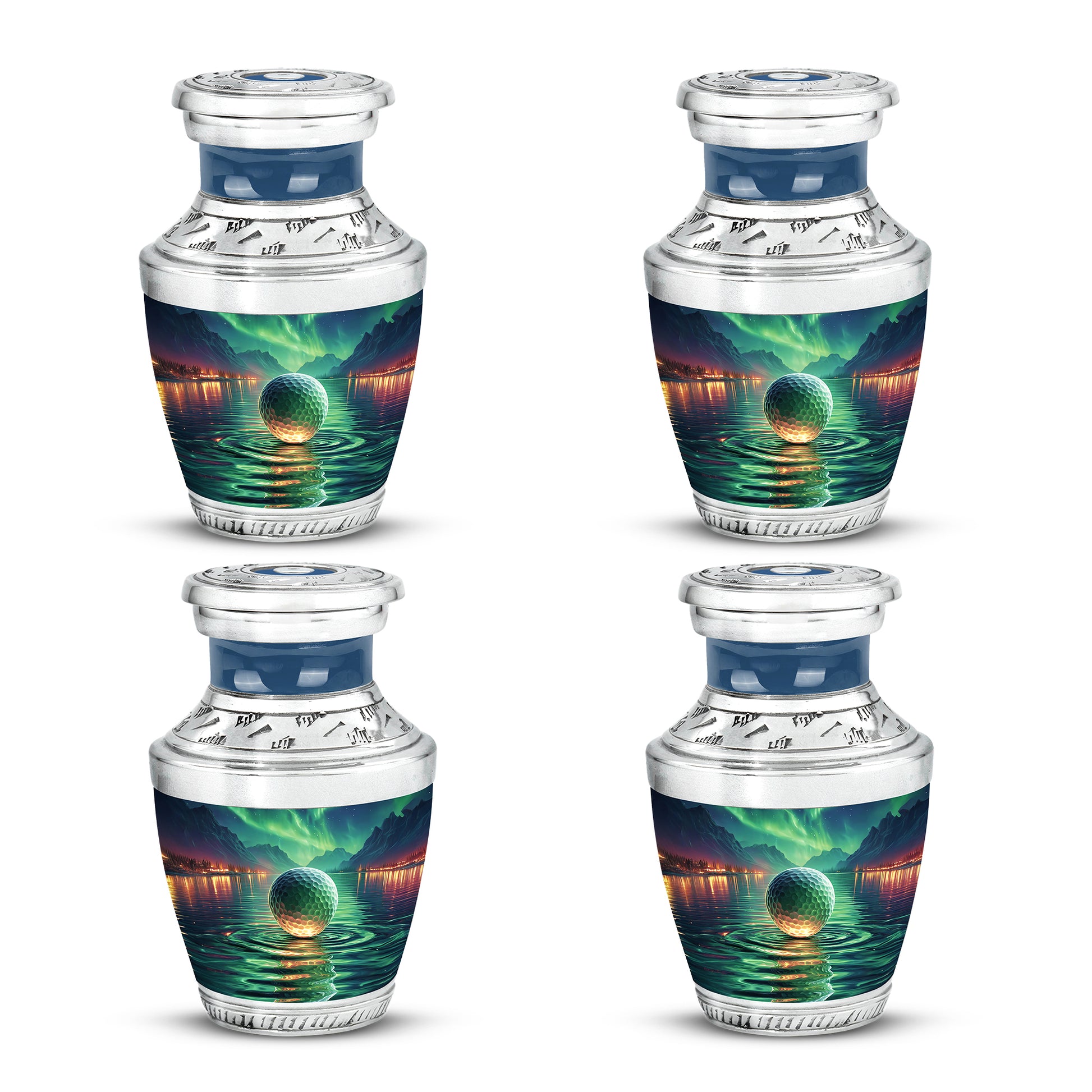 Jewel Teal Golf Cremation Urn back view with polished surface - contemporary golf design with modern artistic flair - 10 inch aluminum urn for cremated remains