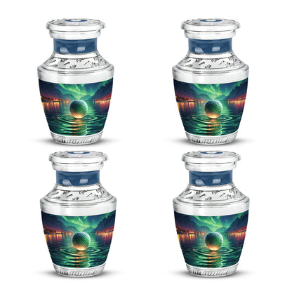 Jewel Teal Golf Cremation Urn back view with polished surface - contemporary golf design with modern artistic flair - 10 inch aluminum urn for cremated remains
