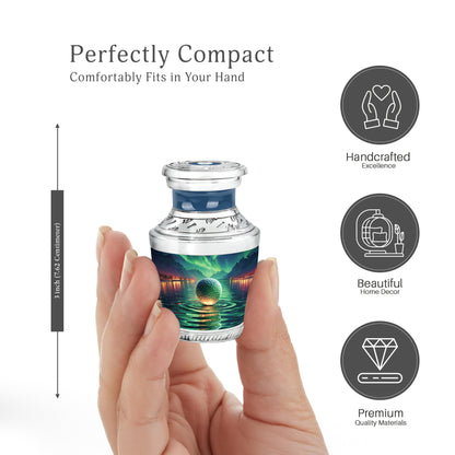 Ocean Teal Golf Cremation Urn top-down view of secure threaded lid - contemporary golf design with modern artistic flair - mini keepsake memorial for portion of cremation ashes