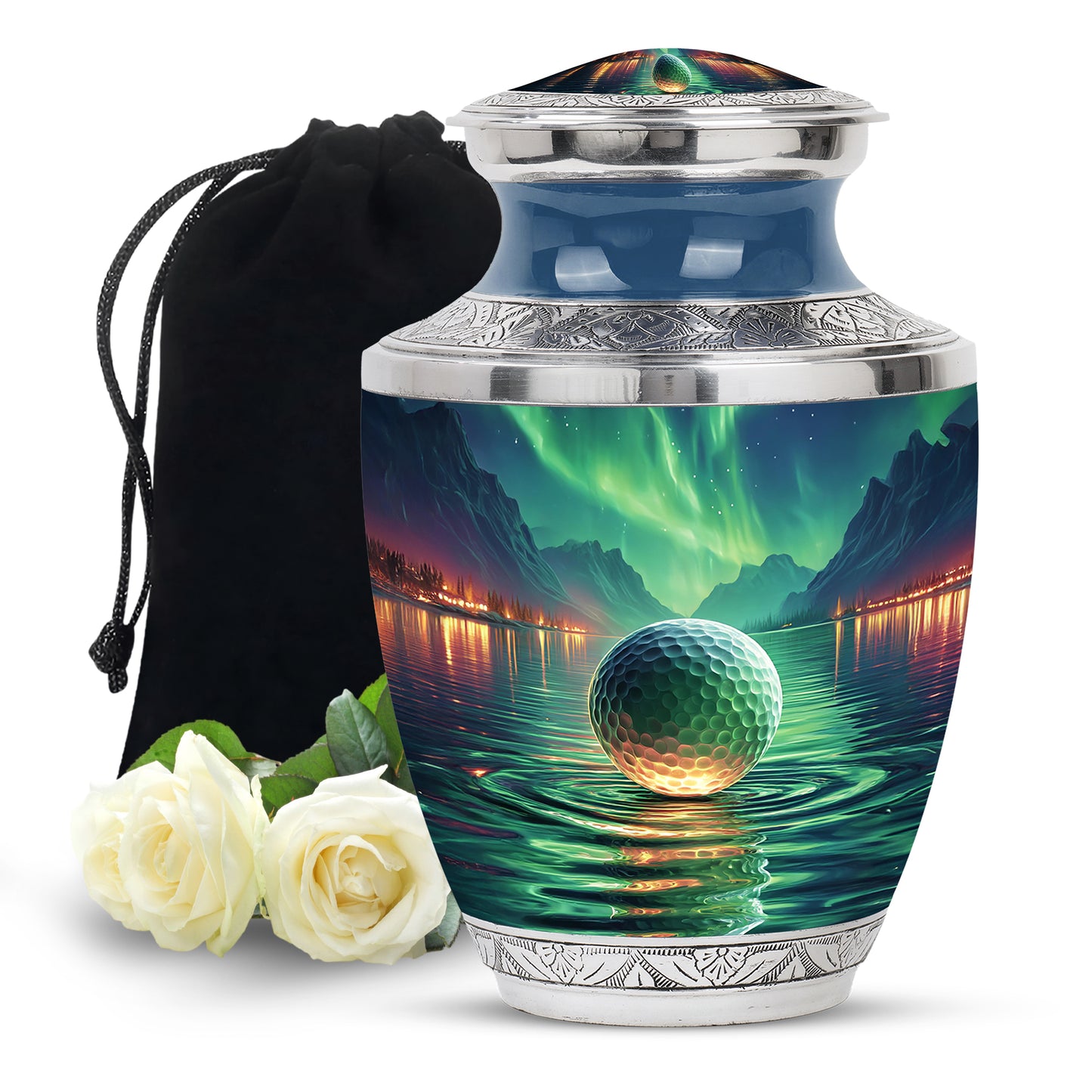 Deep Teal Golf Cremation Urn side profile showing urn shape - artistic golf interpretation with creative detail - full-size 10 inch 200 cubic inch adult cremation urn