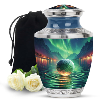 Deep Teal Golf Cremation Urn side profile showing urn shape - artistic golf interpretation with creative detail - full-size 10 inch 200 cubic inch adult cremation urn
