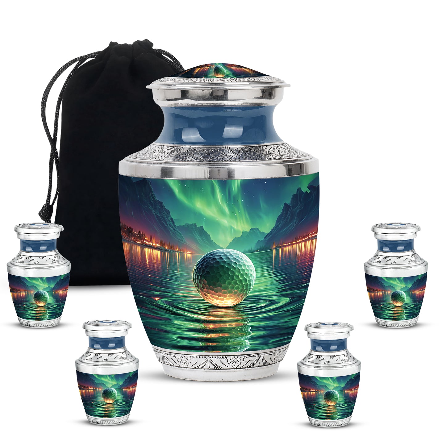 Tropical Teal Golf Cremation Urn lifestyle display on memorial shelf - stylized abstract golf pattern with bold lines - memorial set with one large and four small urns