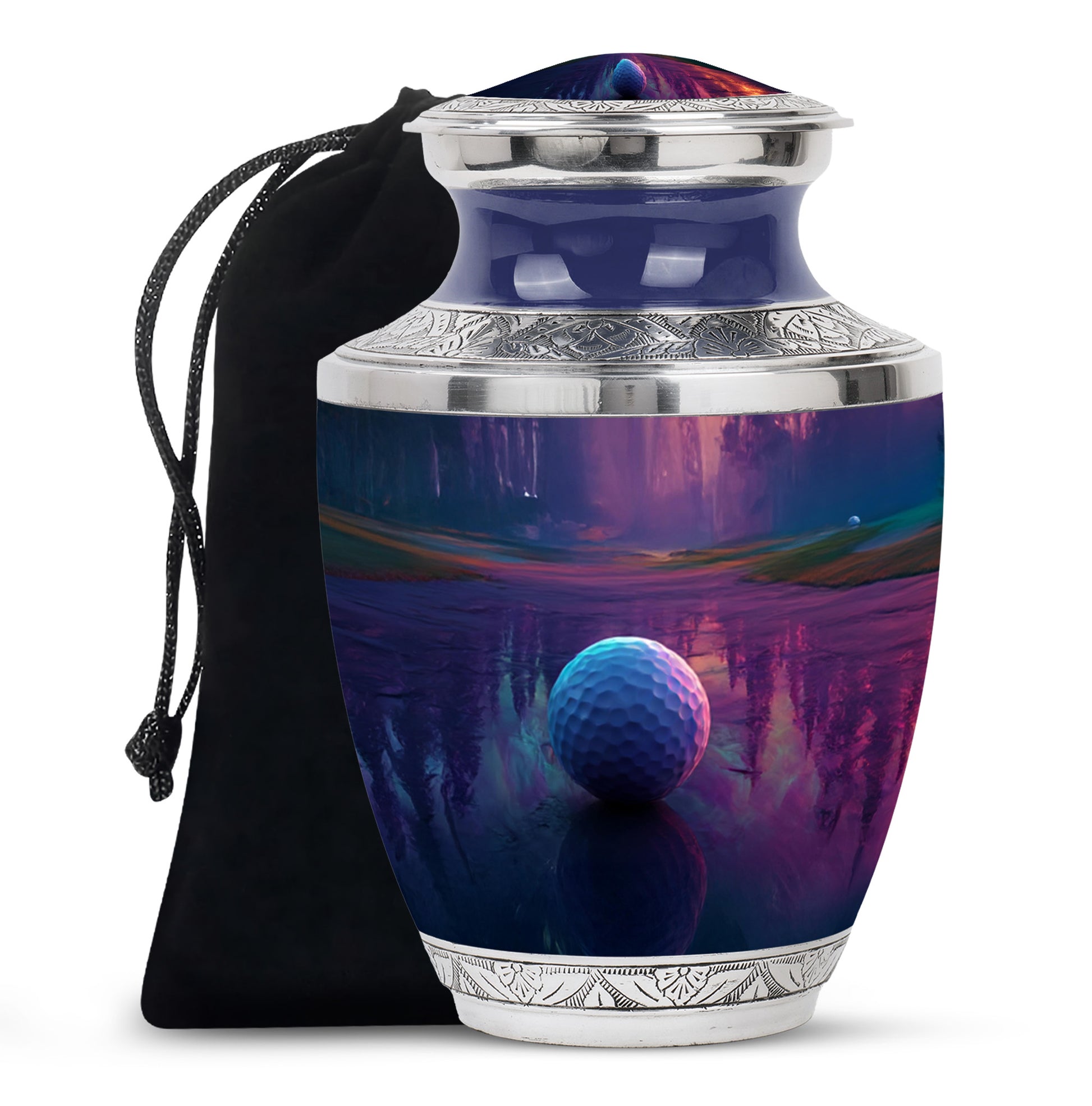 Twilight Purple Golf Cremation Urn side profile showing urn shape - artistic golf interpretation with creative detail - full-size 10 inch 200 cubic inch adult cremation urn