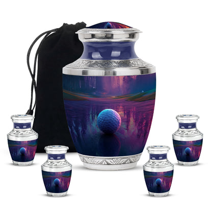 Violet Purple Golf Cremation Urn lifestyle display on memorial shelf - stylized abstract golf pattern with bold lines - memorial set with one large and four small urns