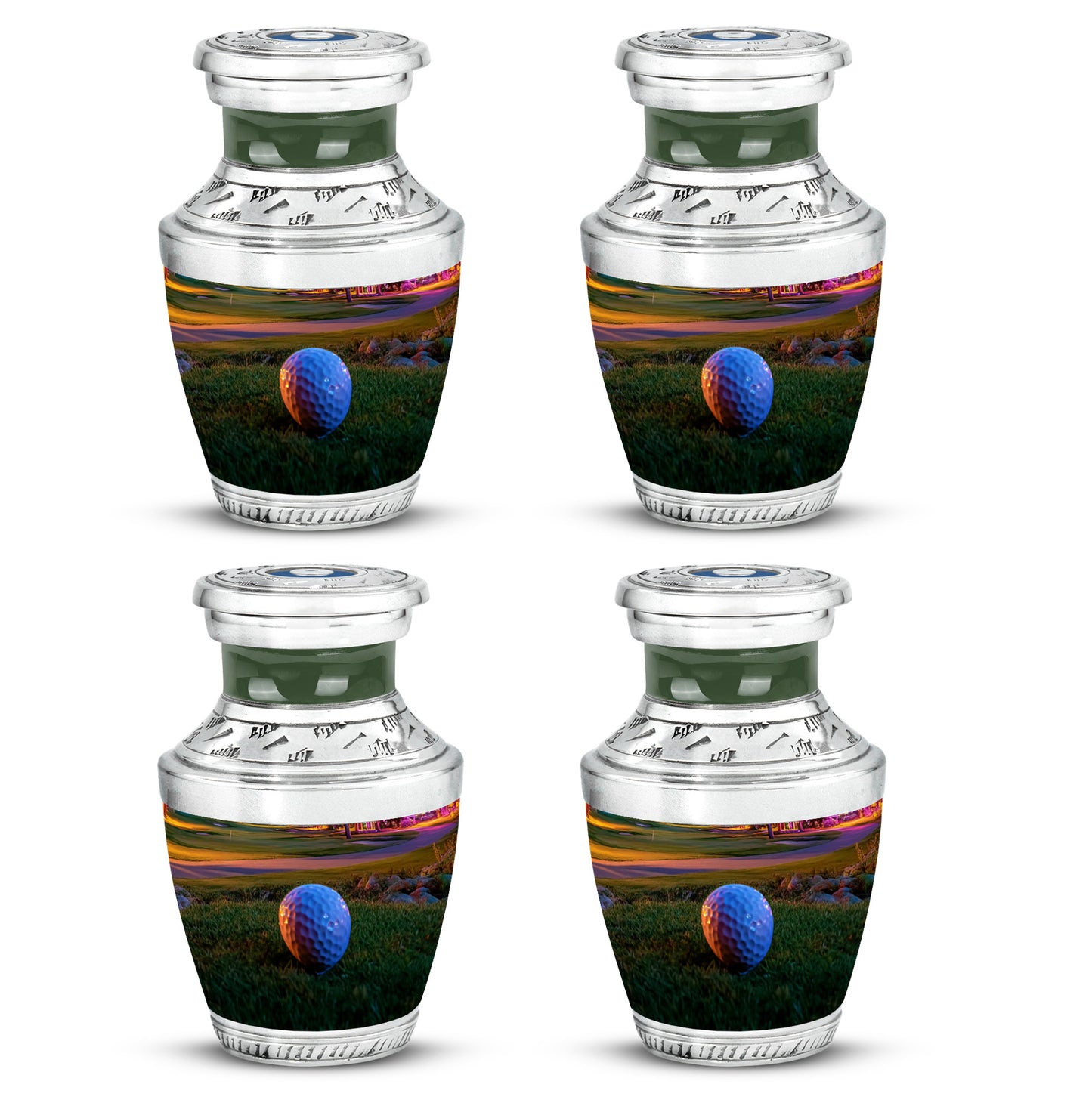Royal Gold Golf Cremation Urn back view with polished surface - artistic golf interpretation with creative detail - 10 inch aluminum urn for cremated remains