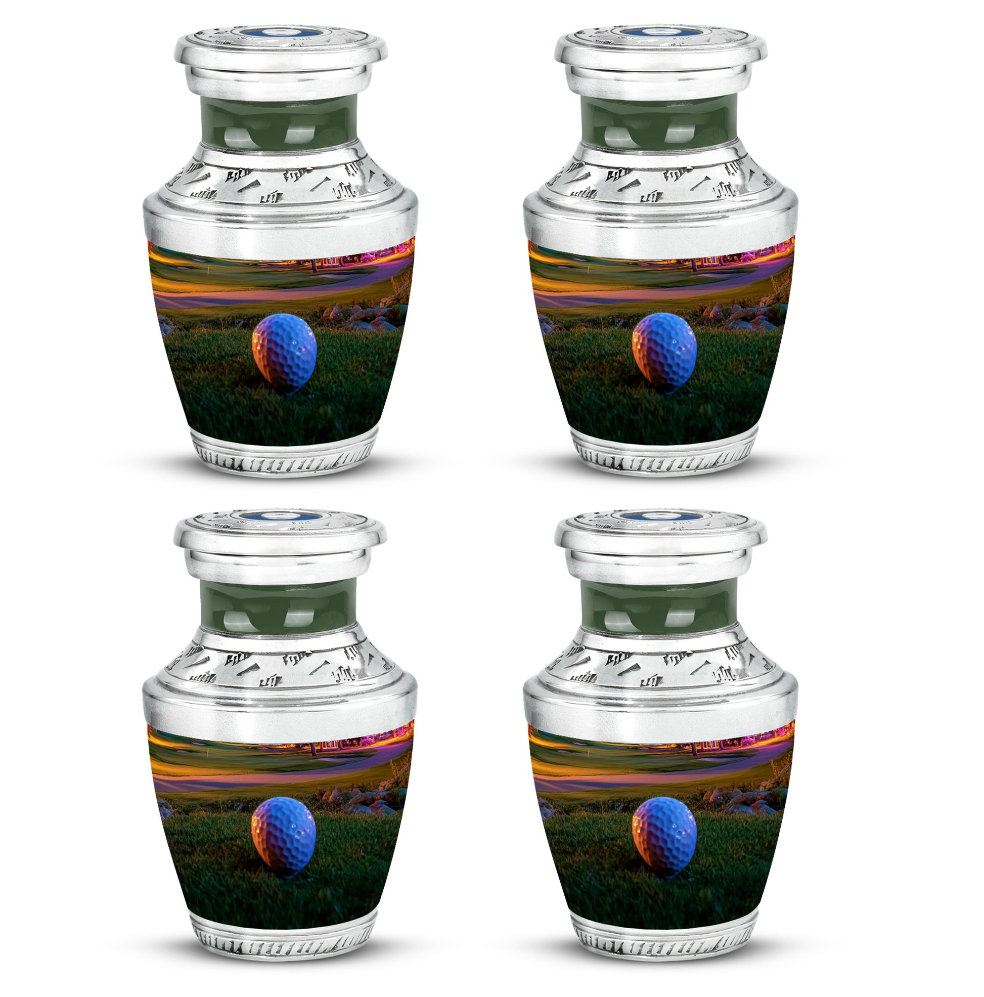 Royal Gold Golf Cremation Urn back view with polished surface - artistic golf interpretation with creative detail - 10 inch aluminum urn for cremated remains