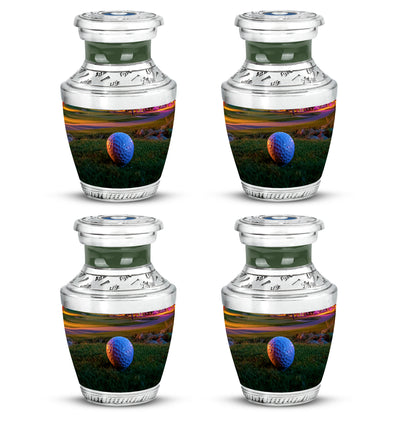 Royal Gold Golf Cremation Urn back view with polished surface - artistic golf interpretation with creative detail - 10 inch aluminum urn for cremated remains