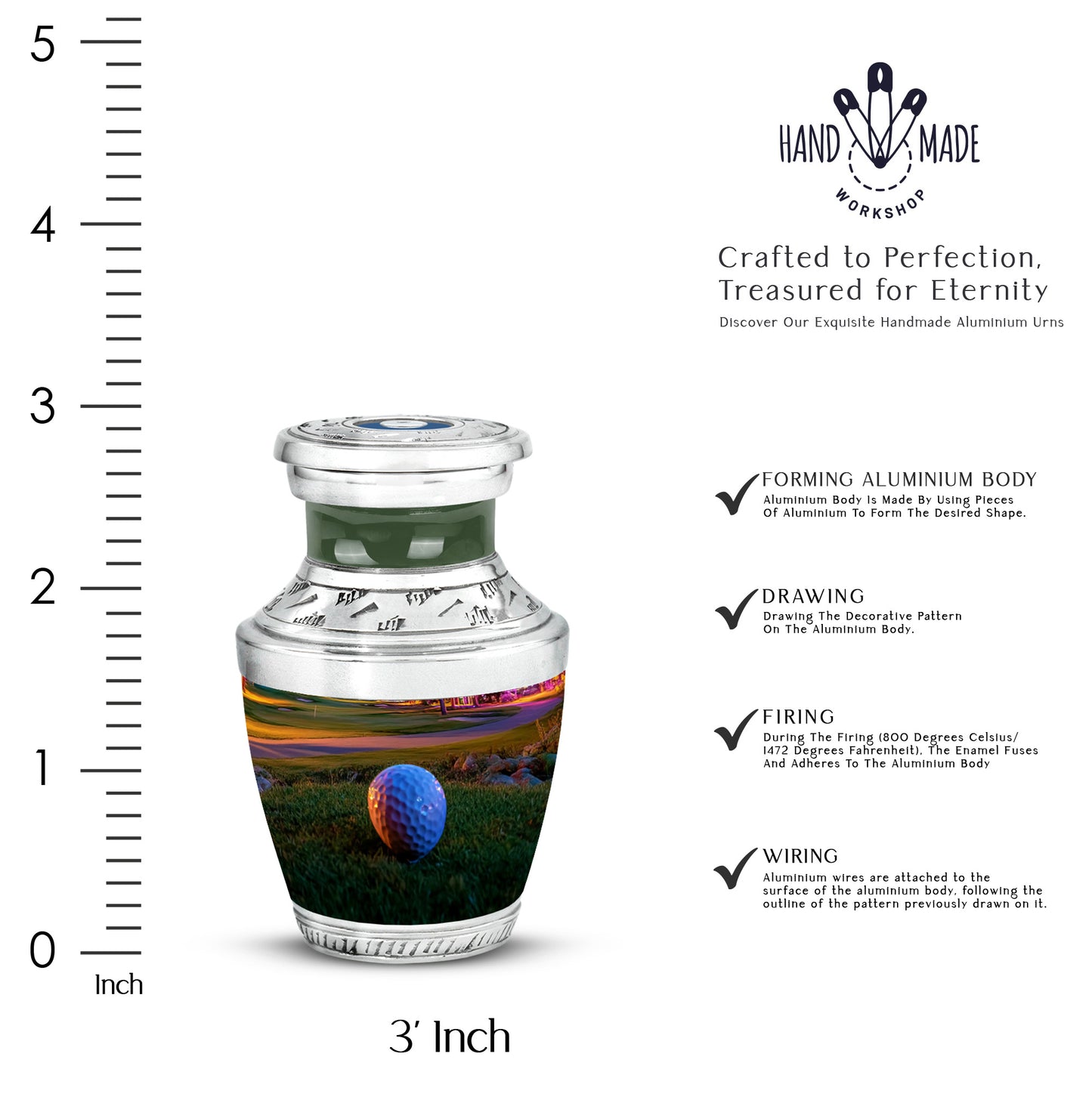 Sunrise Gold Golf Cremation Urn top-down view of secure threaded lid - contemporary golf design with modern artistic flair - mini keepsake memorial for portion of cremation ashes