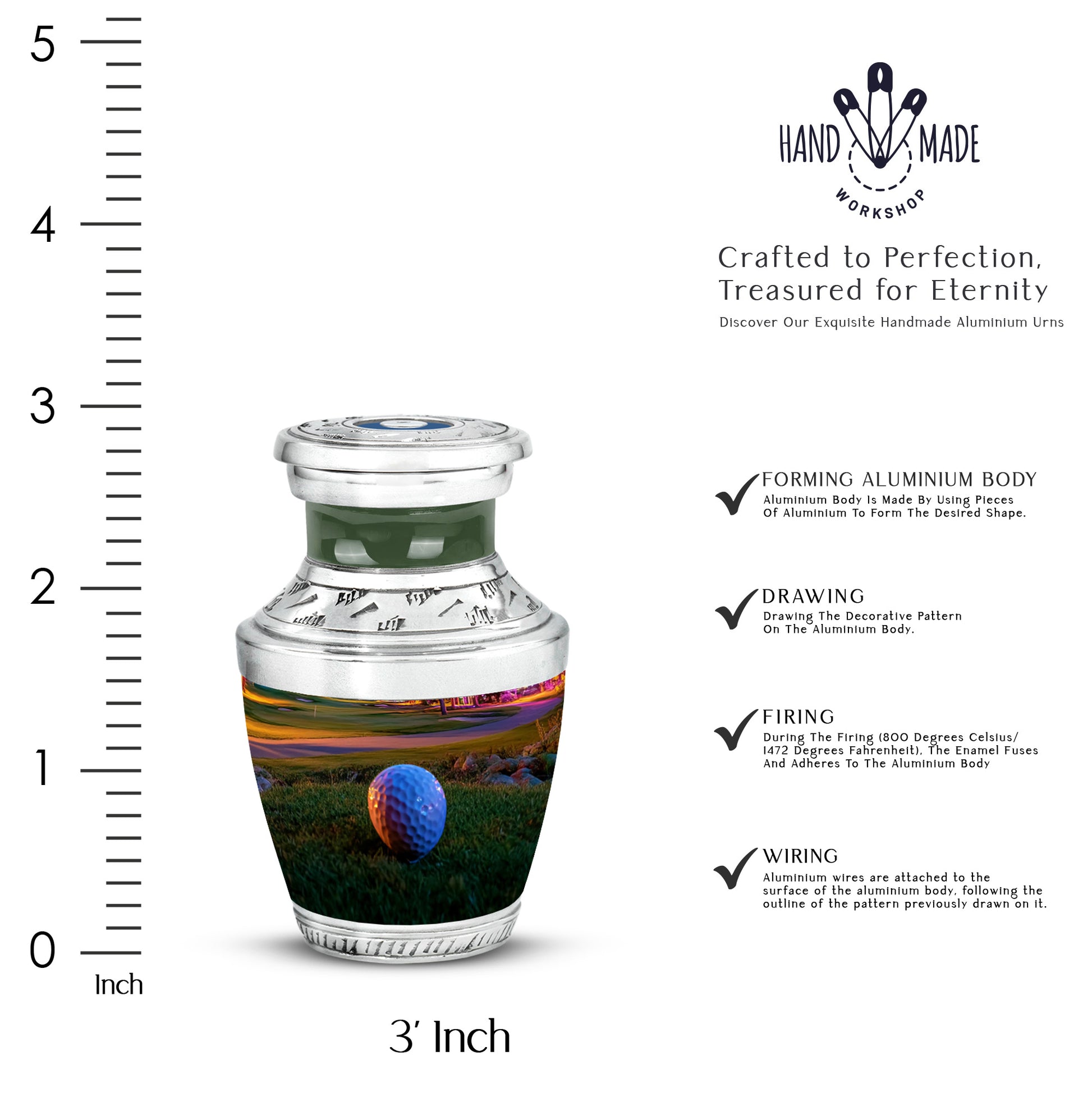 Sunrise Gold Golf Cremation Urn top-down view of secure threaded lid - contemporary golf design with modern artistic flair - mini keepsake memorial for portion of cremation ashes