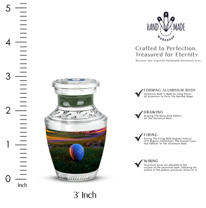 Sunrise Gold Golf Cremation Urn top-down view of secure threaded lid - contemporary golf design with modern artistic flair - mini keepsake memorial for portion of cremation ashes