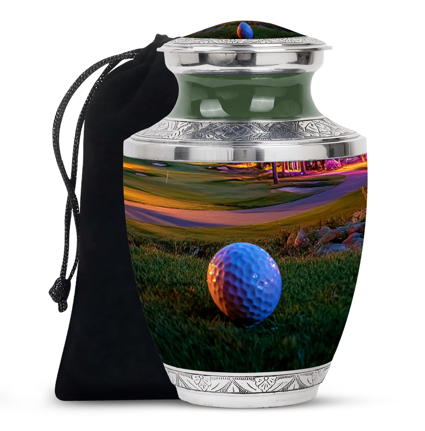 Gilded Gold Golf Cremation Urn side profile showing urn shape - contemporary golf design with modern artistic flair - full-size 10 inch 200 cubic inch adult cremation urn