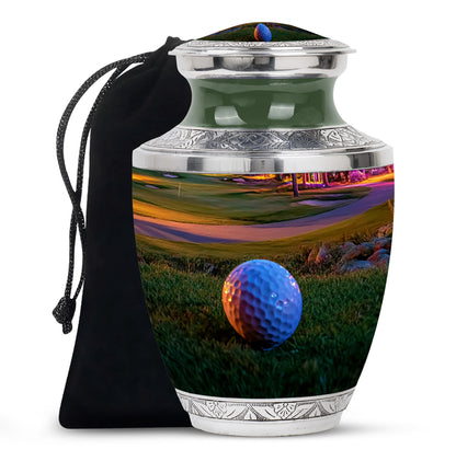 Gilded Gold Golf Cremation Urn side profile showing urn shape - contemporary golf design with modern artistic flair - full-size 10 inch 200 cubic inch adult cremation urn