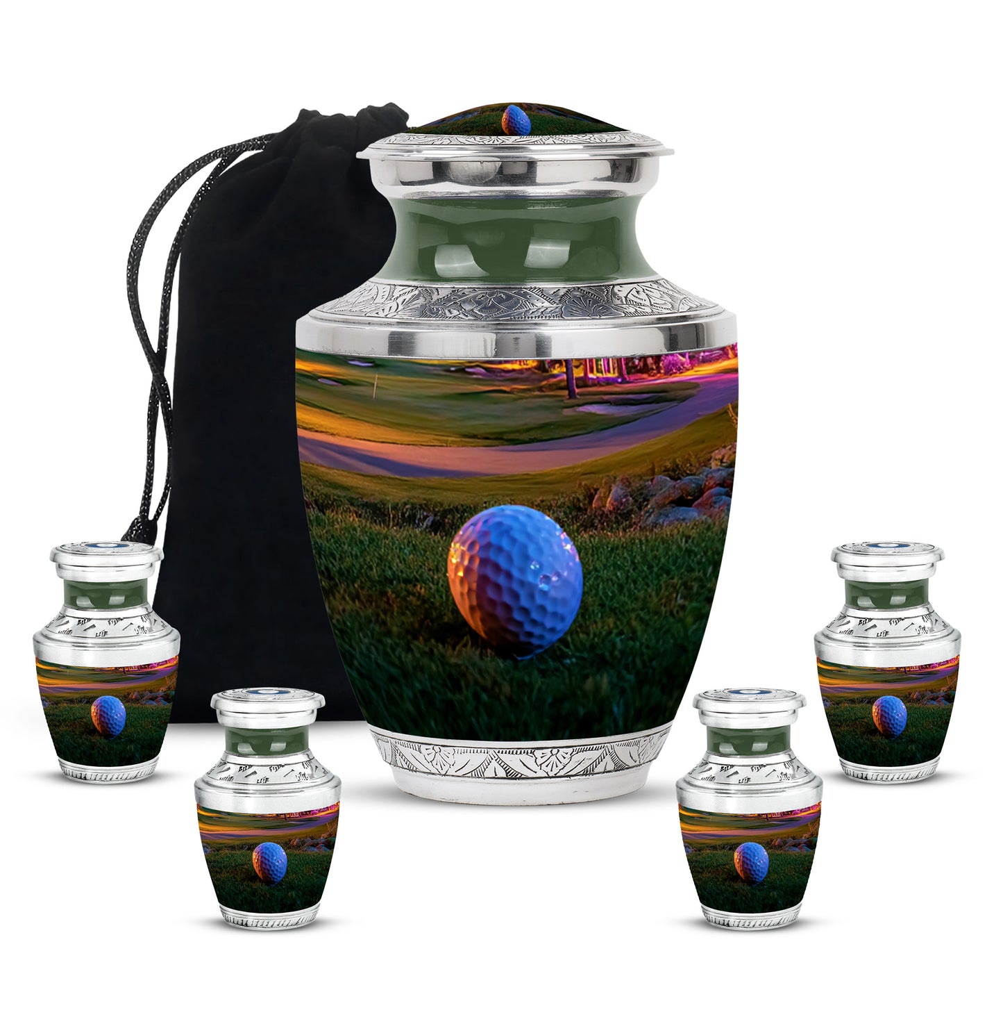 Royal Gold Golf Cremation Urn lifestyle display on memorial shelf - stylized abstract golf pattern with bold lines - memorial set with one large and four small urns
