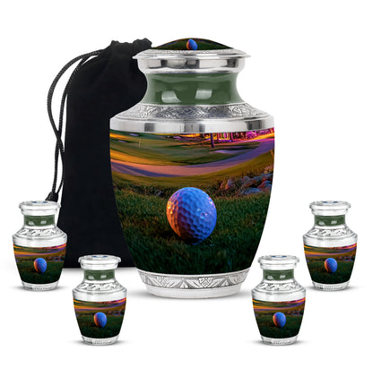 Royal Gold Golf Cremation Urn lifestyle display on memorial shelf - stylized abstract golf pattern with bold lines - memorial set with one large and four small urns
