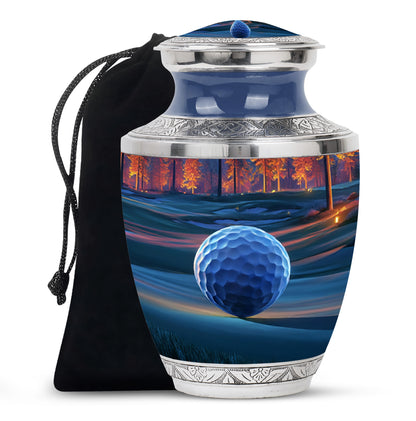 Wine Red Golf Cremation Urn side profile showing urn shape - contemporary golf design with modern artistic flair - full-size 10 inch 200 cubic inch adult cremation urn