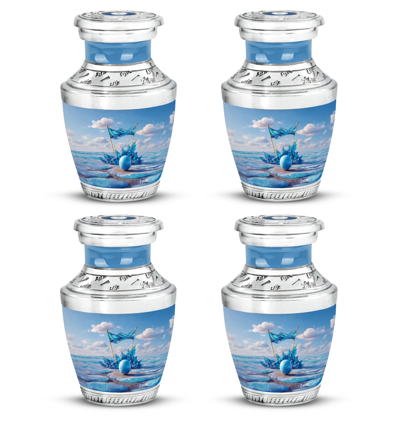 Cobalt Blue Golf Cremation Urn back view with polished surface - artistic golf interpretation with creative detail - 10 inch aluminum urn for cremated remains