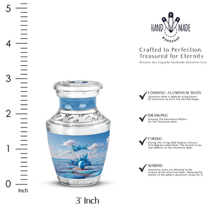 Cornflower Blue Golf Cremation Urn top-down view of secure threaded lid - artistic golf interpretation with creative detail - mini keepsake memorial for portion of cremation ashes