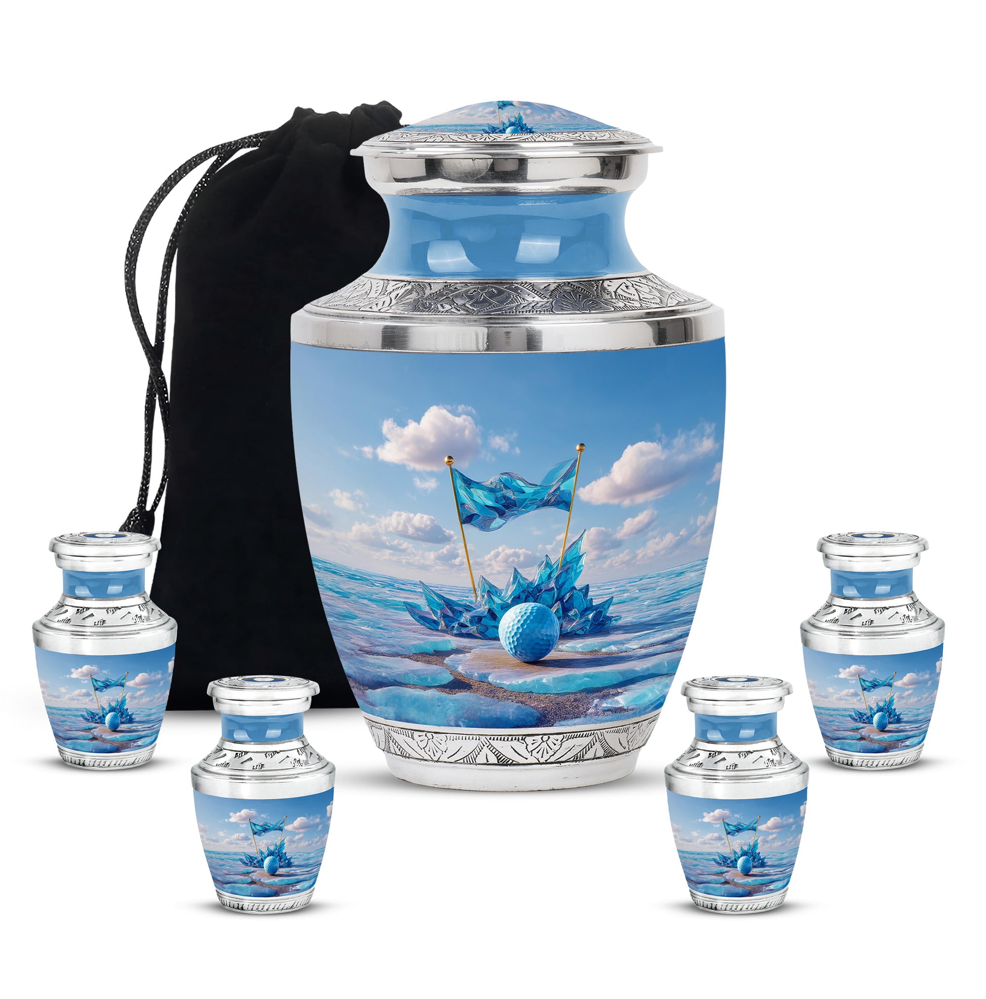 Soft Blue Golf Cremation Urn lifestyle display on memorial shelf - artistic golf interpretation with creative detail - memorial set with one large and four small urns