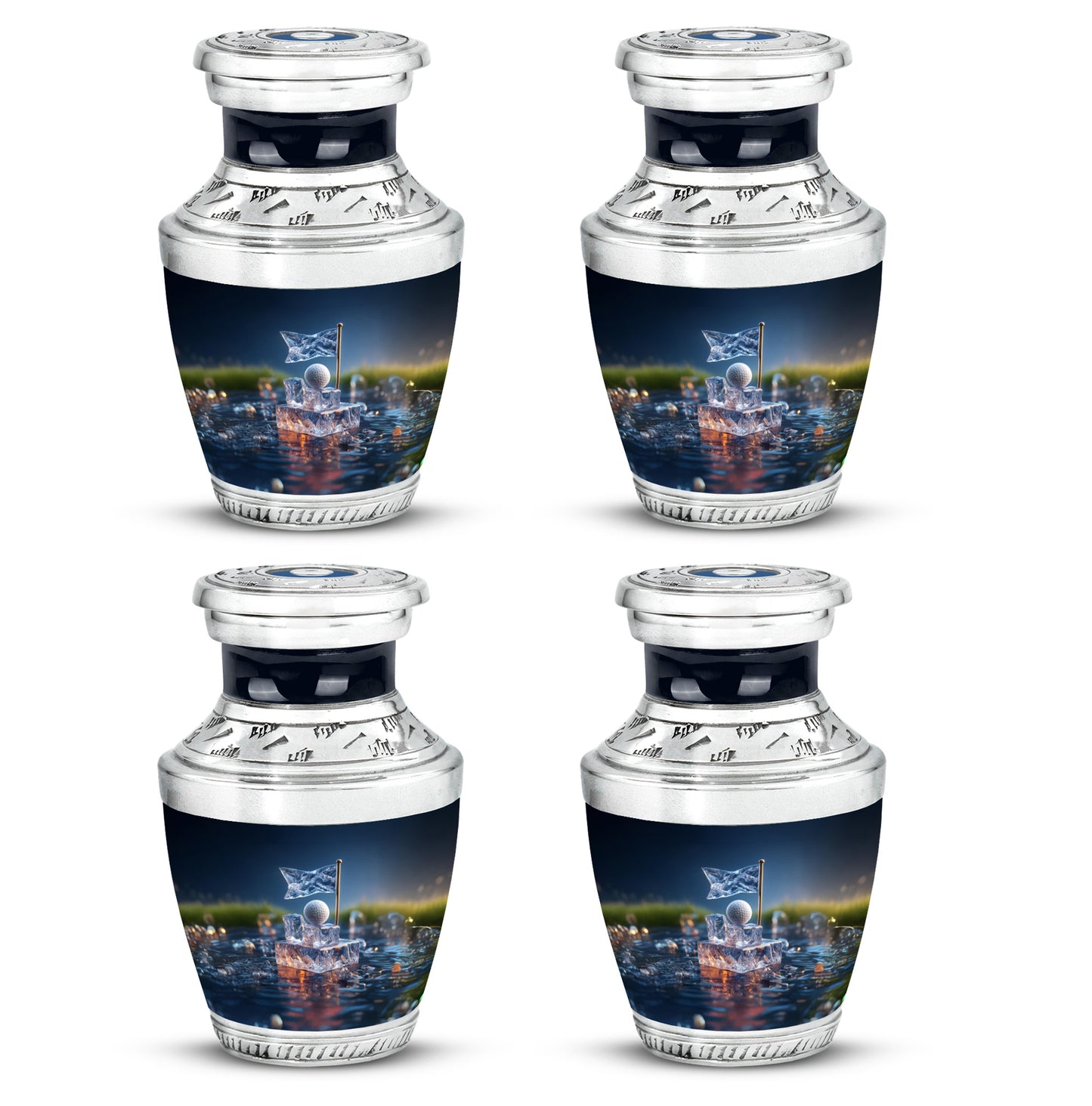 Pastel Blue Golf Cremation Urn back view with polished surface - modern art-inspired golf motif on sleek aluminum - 10 inch aluminum urn for cremated remains