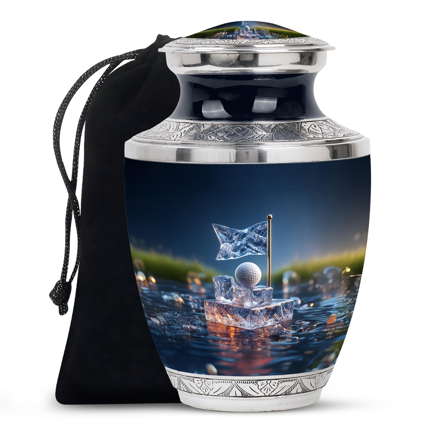 Slate Blue Golf Cremation Urn side profile showing urn shape - contemporary golf design with modern artistic flair - full-size 10 inch 200 cubic inch adult cremation urn