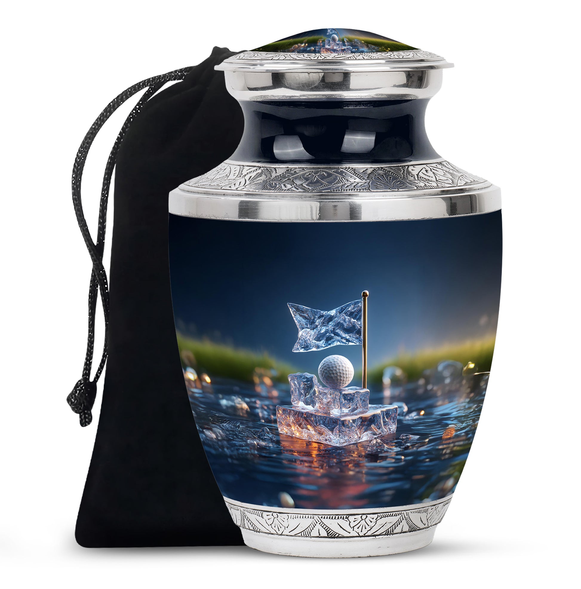 Slate Blue Golf Cremation Urn side profile showing urn shape - contemporary golf design with modern artistic flair - full-size 10 inch 200 cubic inch adult cremation urn