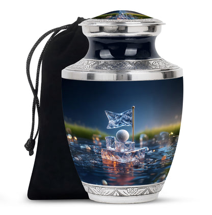 Slate Blue Golf Cremation Urn side profile showing urn shape - contemporary golf design with modern artistic flair - full-size 10 inch 200 cubic inch adult cremation urn
