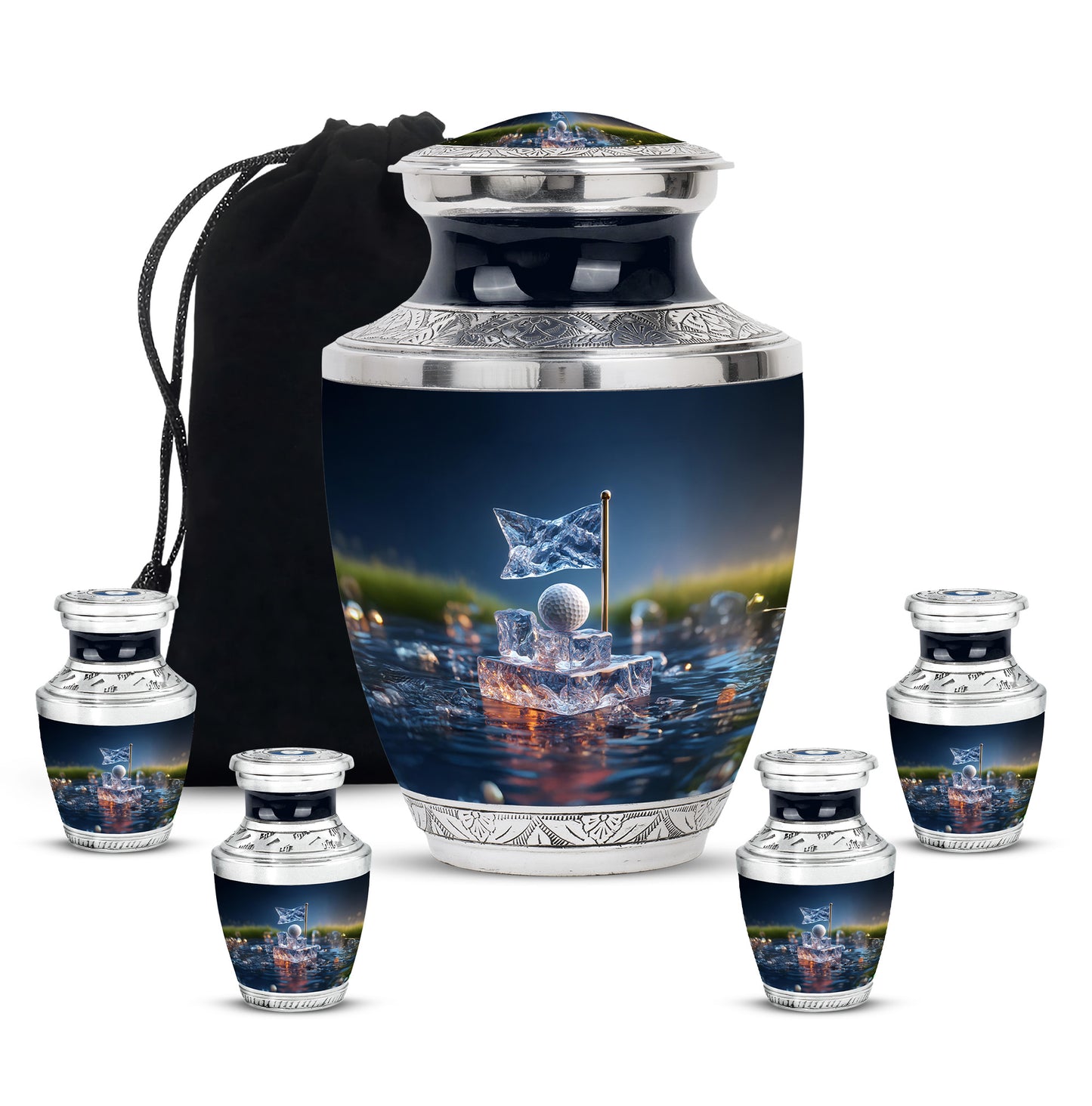 Calming Blue Golf Cremation Urn lifestyle display on memorial shelf - artistic golf interpretation with creative detail - memorial set with one large and four small urns