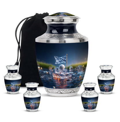 Calming Blue Golf Cremation Urn lifestyle display on memorial shelf - artistic golf interpretation with creative detail - memorial set with one large and four small urns