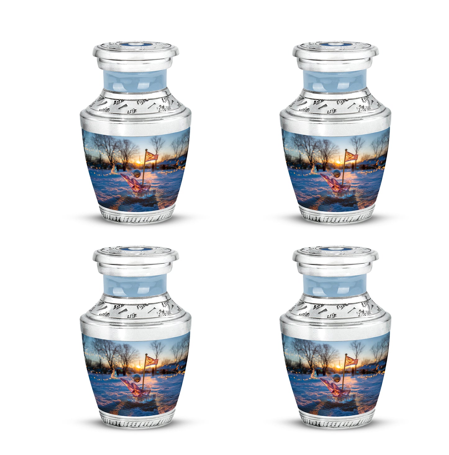 Cobalt Blue Golf Cremation Urn back view with polished surface - artistic golf interpretation with creative detail - 10 inch aluminum urn for cremated remains