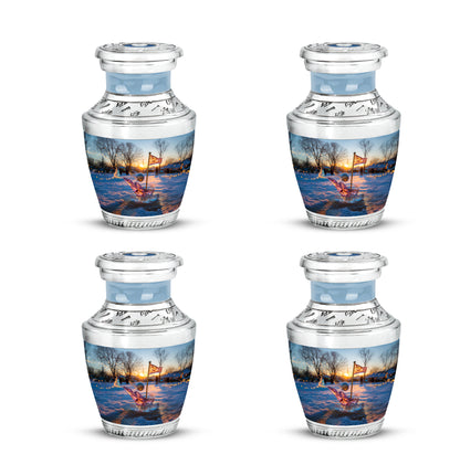 Cobalt Blue Golf Cremation Urn back view with polished surface - artistic golf interpretation with creative detail - 10 inch aluminum urn for cremated remains