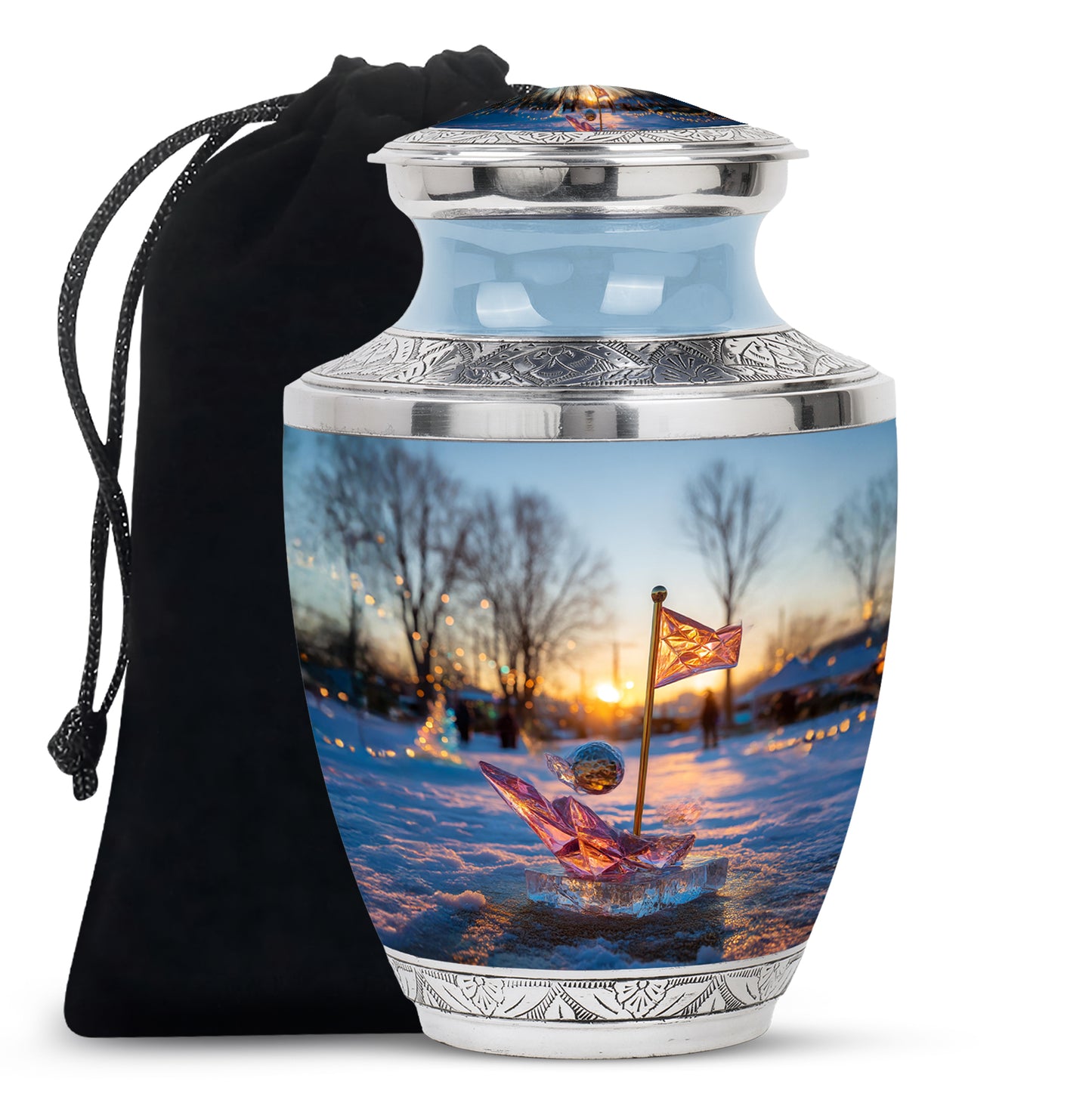 Powder Blue Golf Cremation Urn side profile showing urn shape - contemporary golf design with modern artistic flair - full-size 10 inch 200 cubic inch adult cremation urn