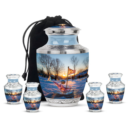 Bright Blue Golf Cremation Urn lifestyle display on memorial shelf - artistic golf interpretation with creative detail - memorial set with one large and four small urns