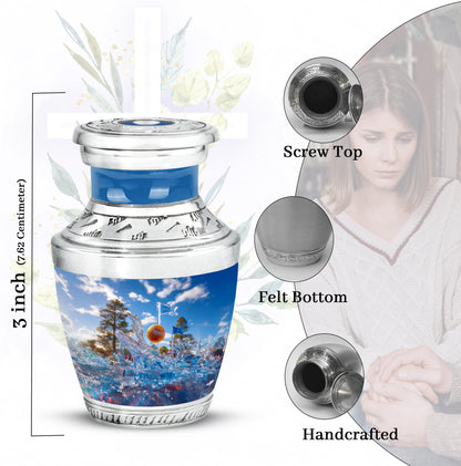 Serene Blue Golf Cremation Urn top-down view of secure threaded lid - stylized abstract golf pattern with bold lines - mini keepsake memorial for portion of cremation ashes