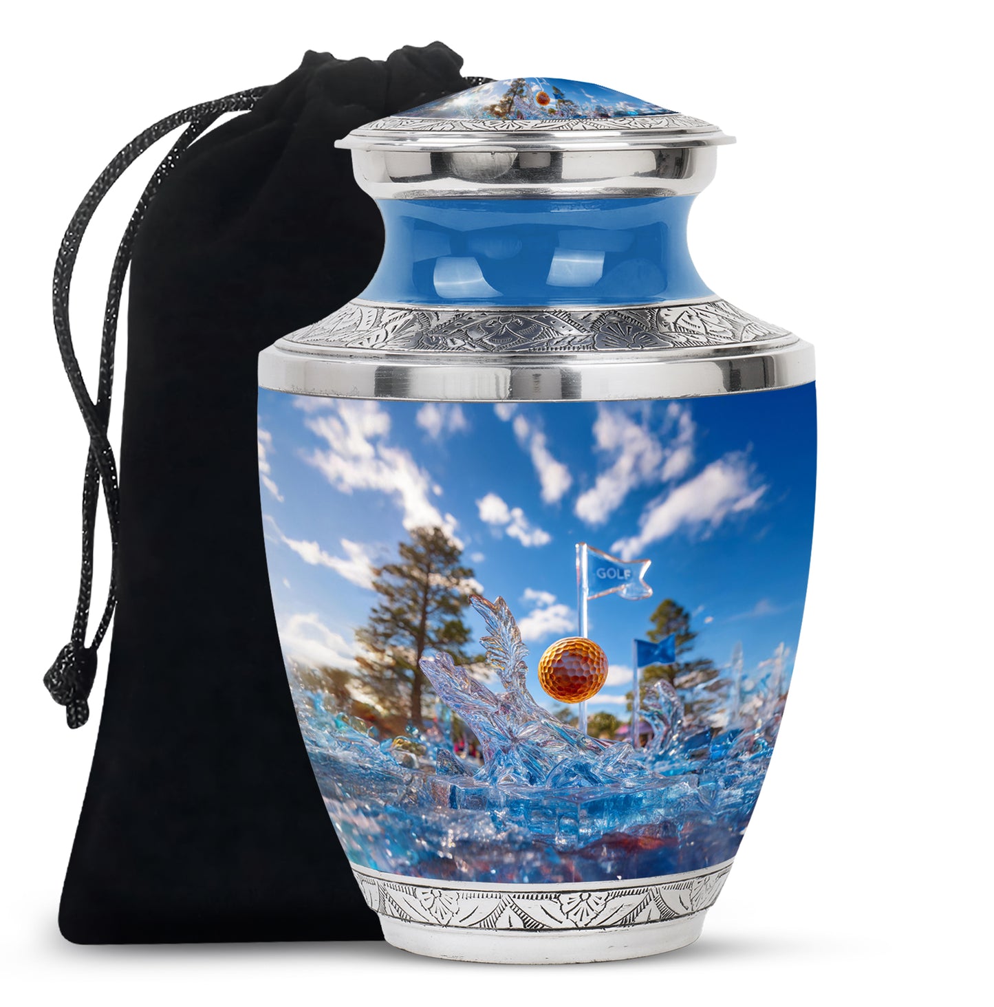 Pastel Blue Golf Cremation Urn side profile showing urn shape - modern art-inspired golf motif on sleek aluminum - full-size 10 inch 200 cubic inch adult cremation urn