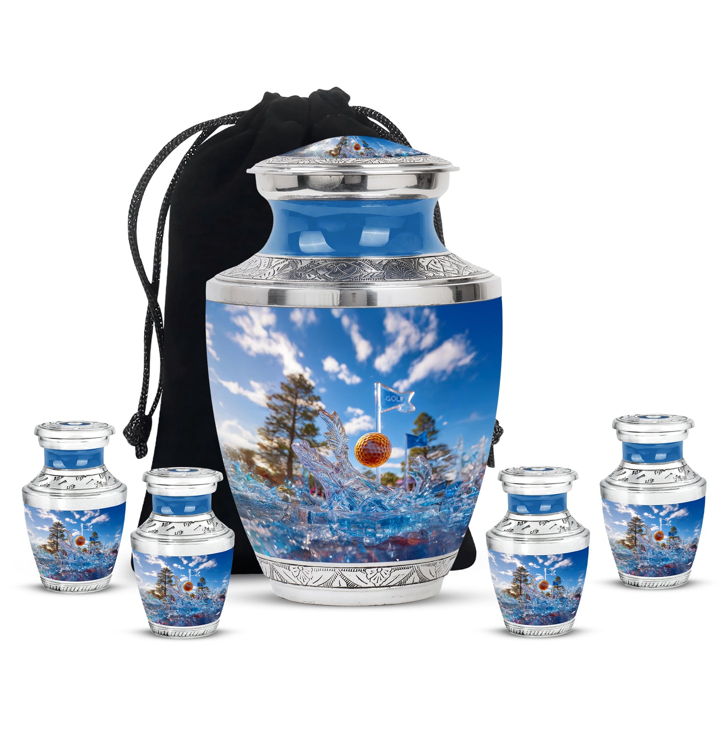 Sky Blue Golf Cremation Urn lifestyle display on memorial shelf - modern art-inspired golf motif on sleek aluminum - memorial set with one large and four small urns