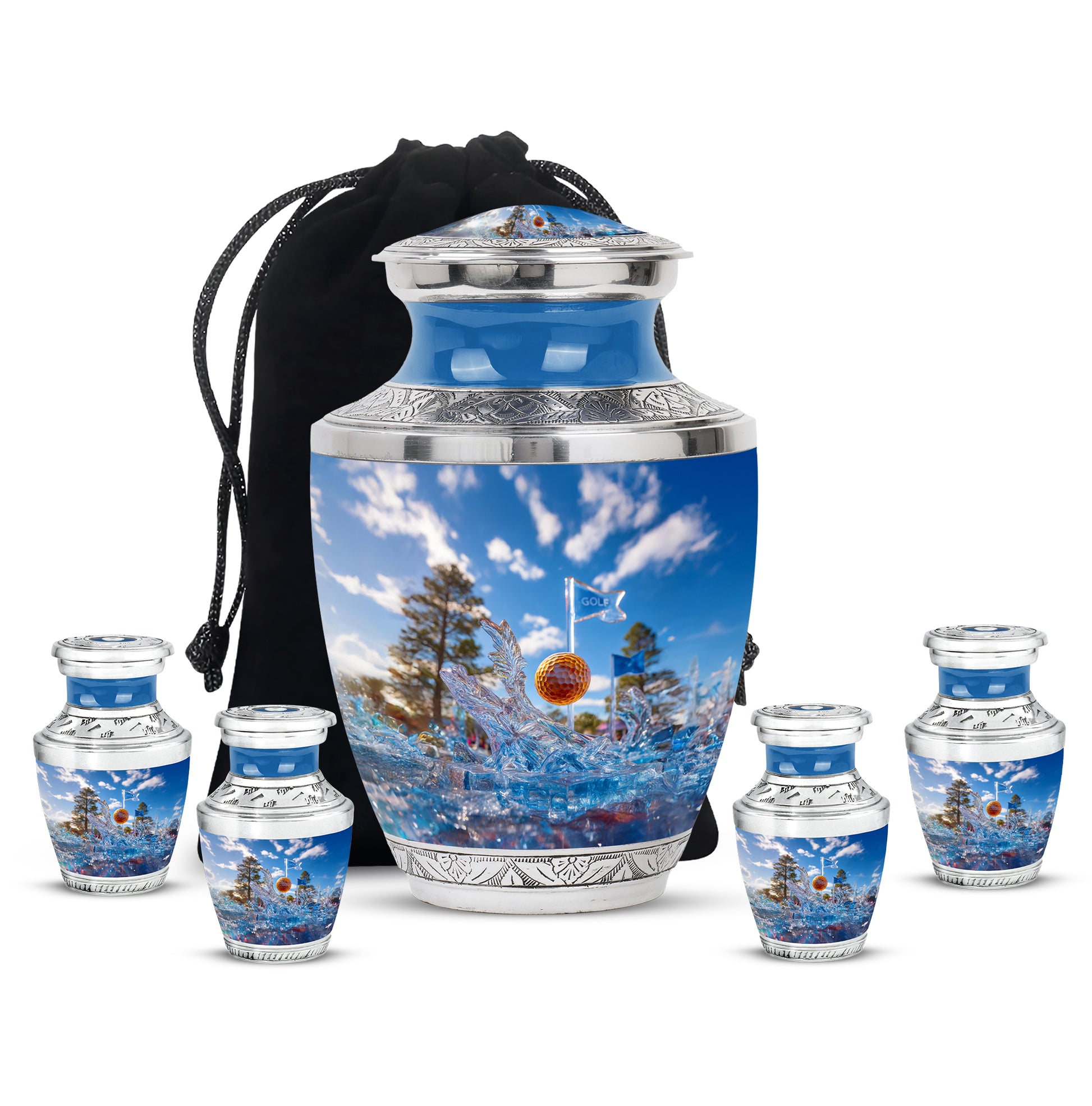 Sky Blue Golf Cremation Urn lifestyle display on memorial shelf - modern art-inspired golf motif on sleek aluminum - memorial set with one large and four small urns