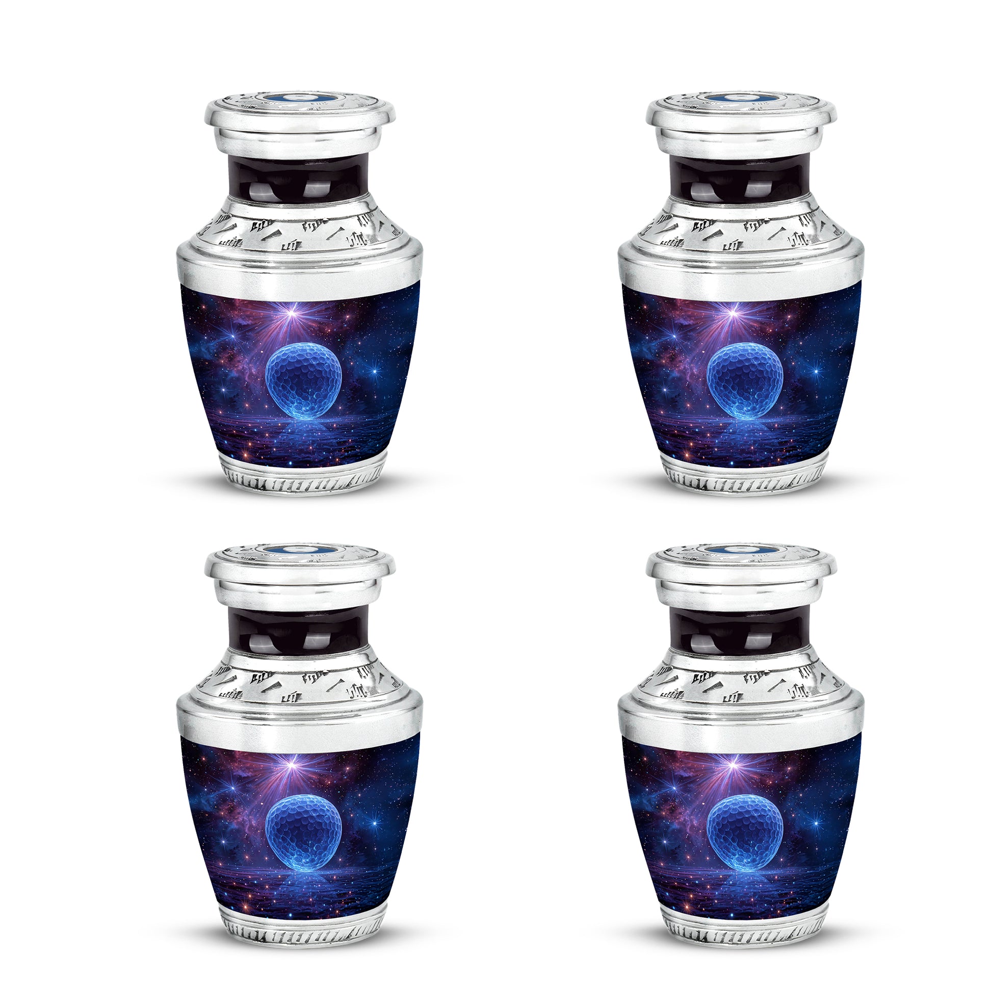 Twilight Purple Golf Cremation Urn back view with polished surface - artistic golf interpretation with creative detail - 10 inch aluminum urn for cremated remains