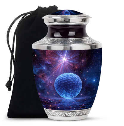 Plum Purple Golf Cremation Urn side profile showing urn shape - modern art-inspired golf motif on sleek aluminum - full-size 10 inch 200 cubic inch adult cremation urn