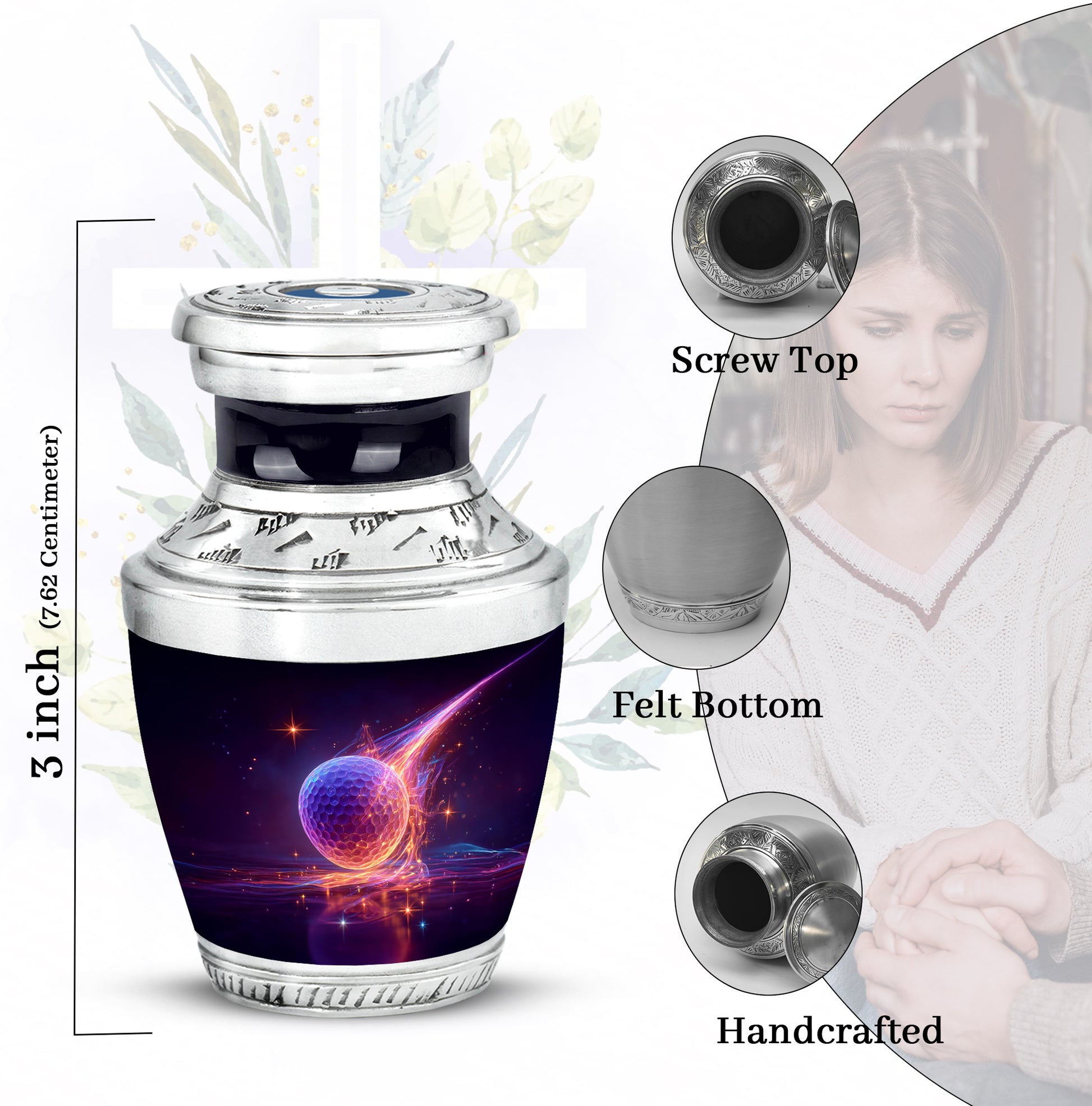 Navy Blue Golf Cremation Urn top-down view of secure threaded lid - modern art-inspired golf motif on sleek aluminum - mini keepsake memorial for portion of cremation ashes