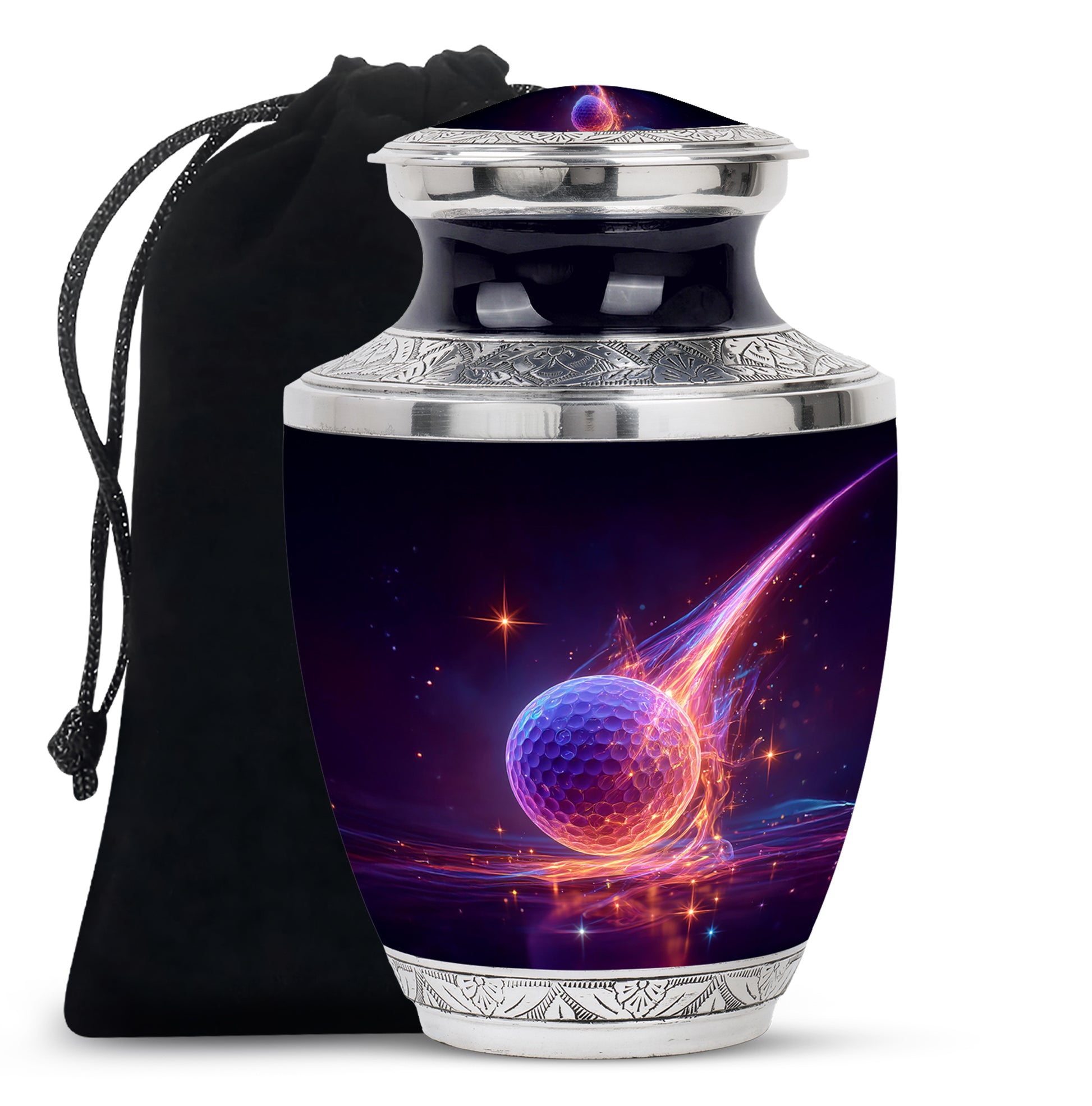 Serene Blue Golf Cremation Urn side profile showing urn shape - artistic golf interpretation with creative detail - full-size 10 inch 200 cubic inch adult cremation urn