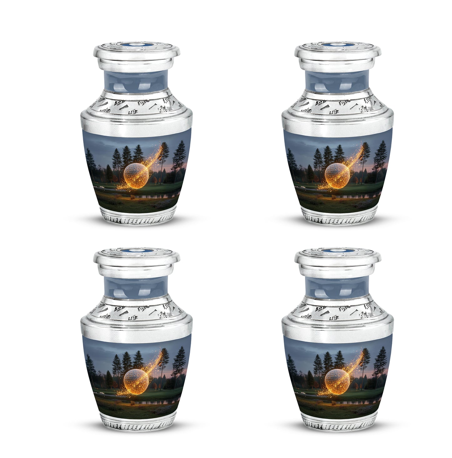 Indigo Golf Cremation Urn back view with polished surface - contemporary golf design with modern artistic flair - 10 inch aluminum urn for cremated remains