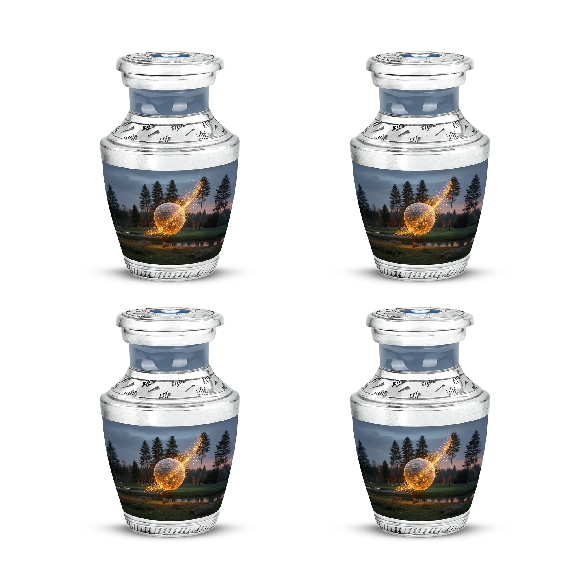 Indigo Golf Cremation Urn back view with polished surface - contemporary golf design with modern artistic flair - 10 inch aluminum urn for cremated remains