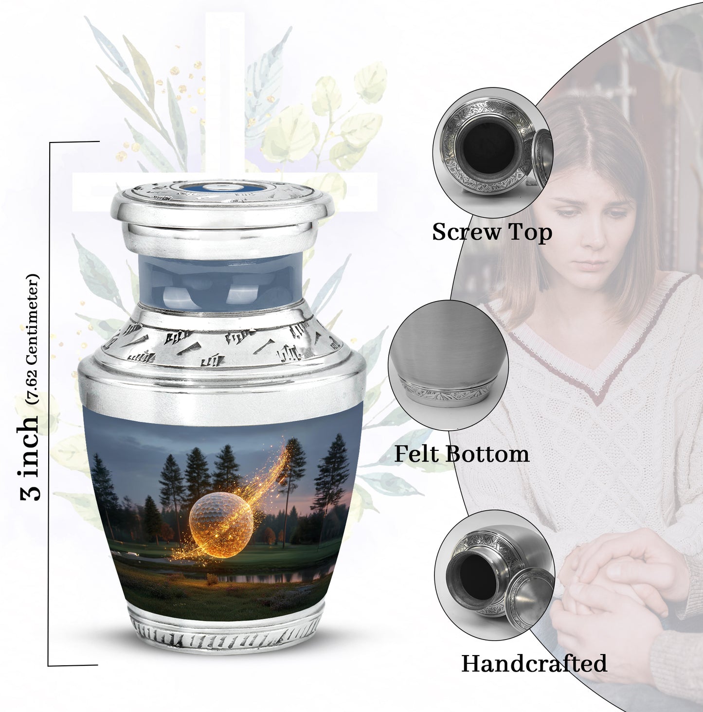 Indigo Golf Cremation Urn top-down view of secure threaded lid - contemporary golf design with modern artistic flair - mini keepsake memorial for portion of cremation ashes
