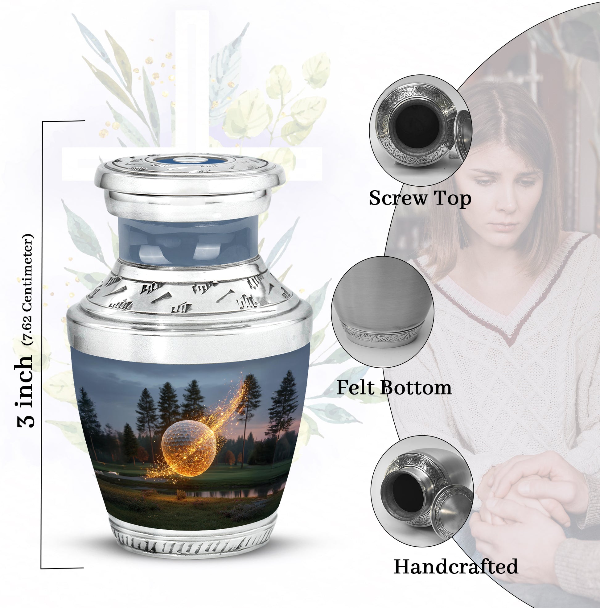 Indigo Golf Cremation Urn top-down view of secure threaded lid - contemporary golf design with modern artistic flair - mini keepsake memorial for portion of cremation ashes