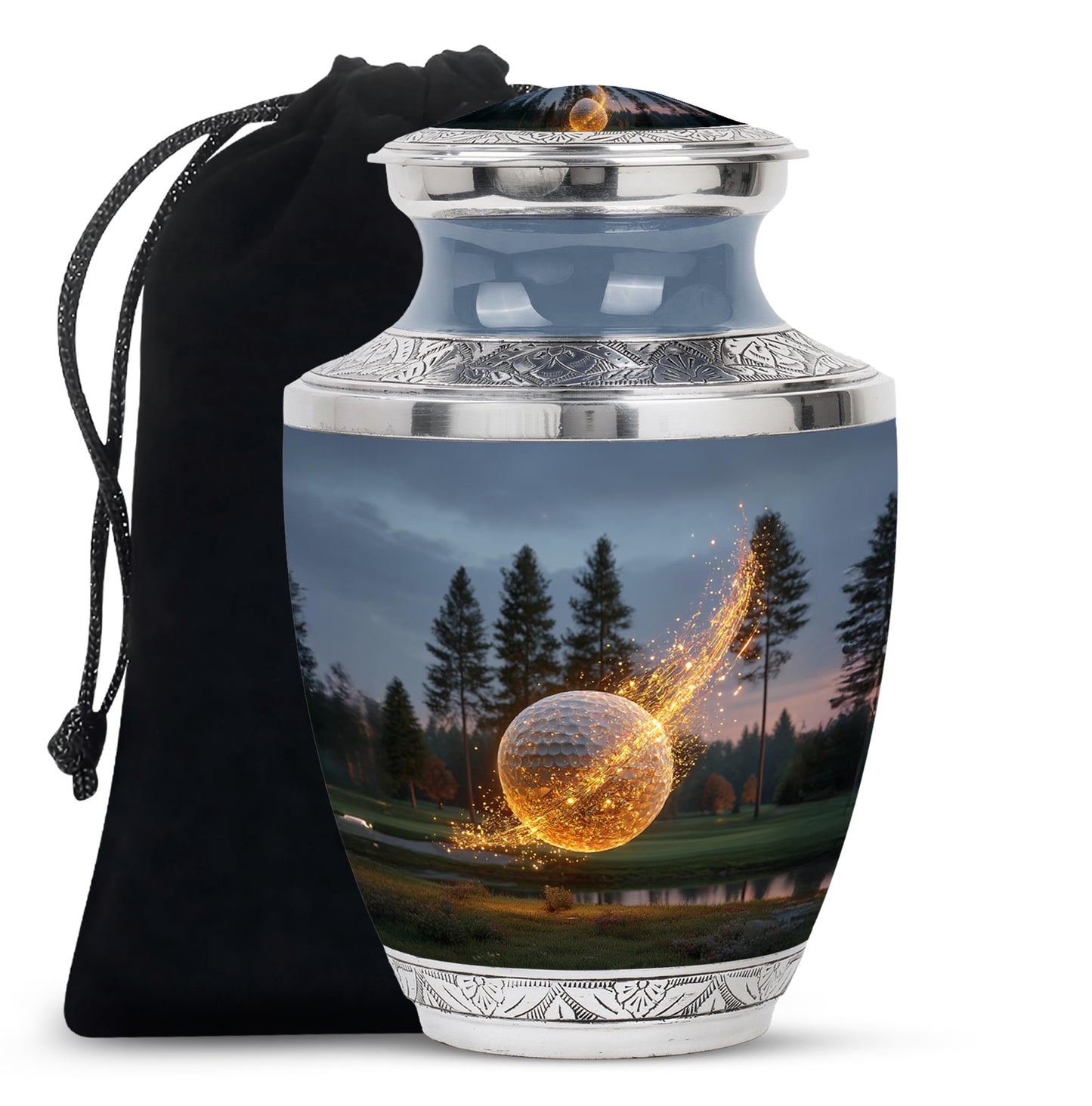 Dusty Blue Golf Cremation Urn side profile showing urn shape - contemporary golf design with modern artistic flair - full-size 10 inch 200 cubic inch adult cremation urn