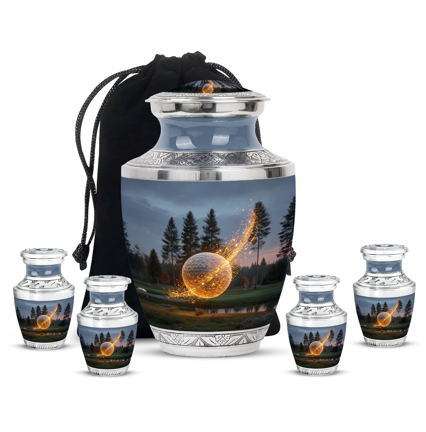 Slate Blue Golf Cremation Urn lifestyle display on memorial shelf - contemporary golf design with modern artistic flair - memorial set with one large and four small urns