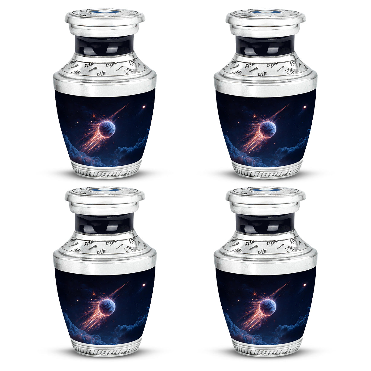 Serene Blue Golf Cremation Urn back view with polished surface - artistic golf interpretation with creative detail - 10 inch aluminum urn for cremated remains