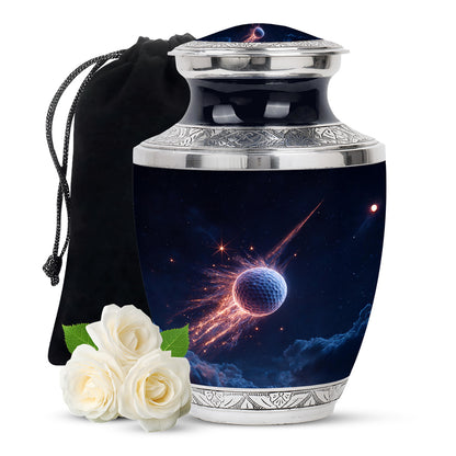 Azure Golf Cremation Urn side profile showing urn shape - modern art-inspired golf motif on sleek aluminum - full-size 10 inch 200 cubic inch adult cremation urn